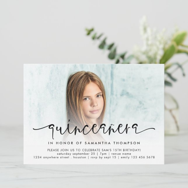 Modern Photo Overlay Script Quinceañera  Invitation (Standing Front)