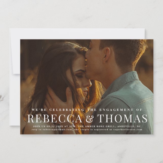 Modern photo overlay wedding engagement party card (Front)