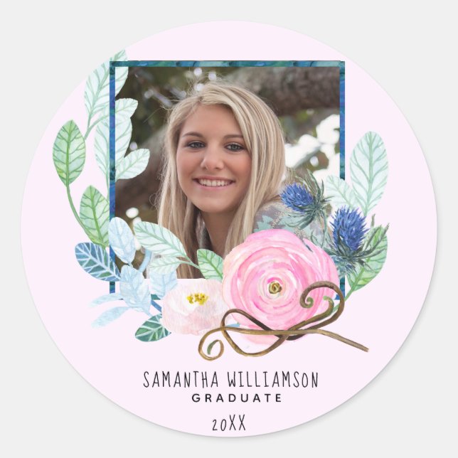 Modern Photo Personalised Floral Graduation Classic Round Sticker (Front)