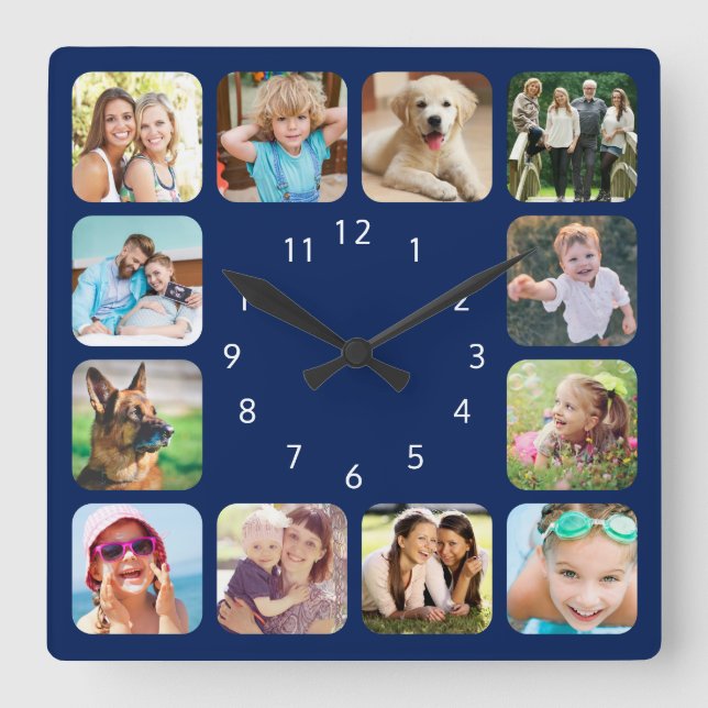 Modern Photo Personalised Navy Blue Square Wall Clock (Front)