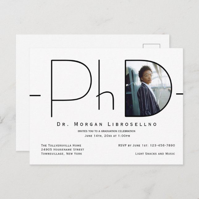 Modern Photo PhD Graduation Invitation Postcard (Front/Back)