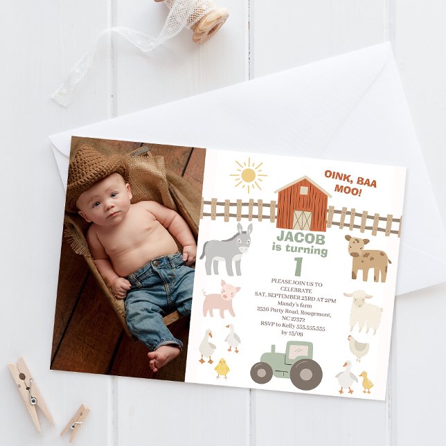 Modern Photo Photo Green Tractor 1st Farm Birthday Invitation (Boys green tractor farm first birthday invitation featuring various farm animals and red barn. )