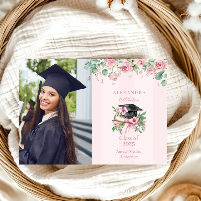 Modern Photo Pink Floral Graduation Announcement (Creator Uploaded)