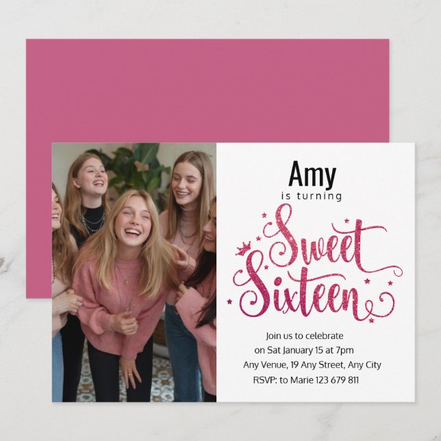 Modern Photo Pink Glitter Sweet 16th Birthday  Invitation (Front/Back)