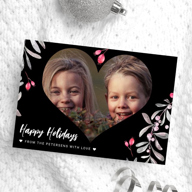 Modern photo pink holly berries Happy Holidays Holiday Card (Creator Uploaded)