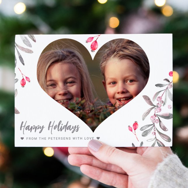 Modern photo pink holly berries Happy Holidays Holiday Card (Creator Uploaded)