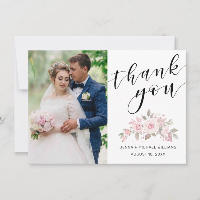 Modern Photo Pink Rose Floral Black Script Wedding Thank You Card (Front)