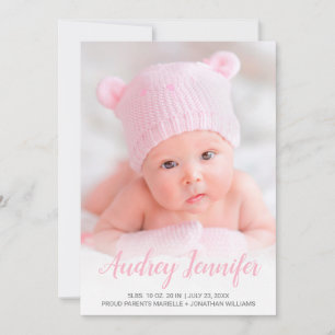 Modern Photo Pink Script Hearts Baby Girl Birth Announcement
