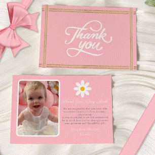 Modern Photo Pink White Gold Daisy Thank You Card