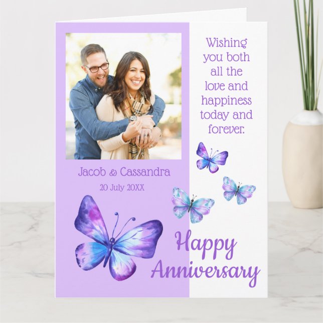 Modern Photo Purple Blue Butterflies Anniversary  Card (Front)