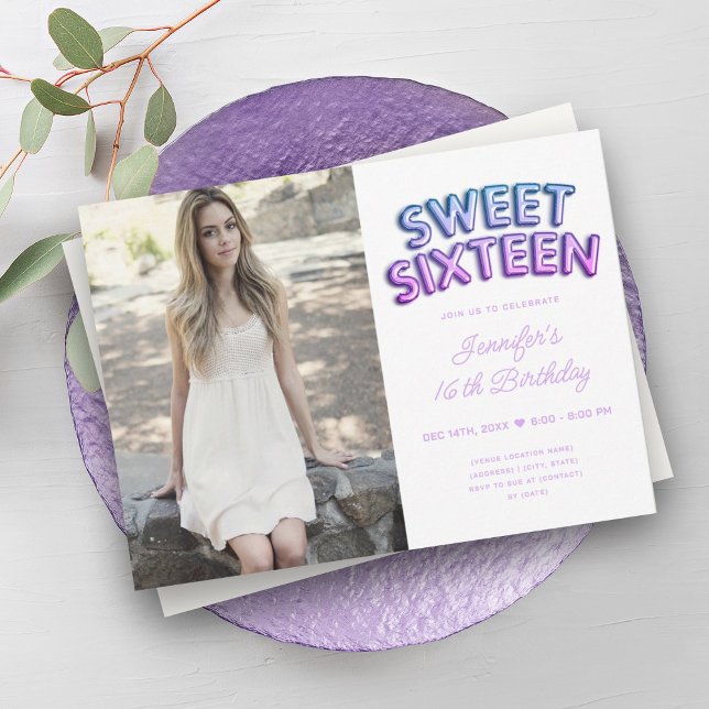 Modern Photo Purple Blue White Balloons Sweet 16  Invitation (Modern Photo Purple Blue White Balloons Sweet 16 Invitation)