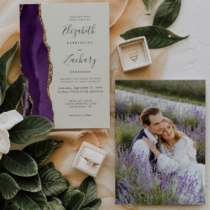 Modern Photo Purple Gold Agate Ivory Wedding Invitation
