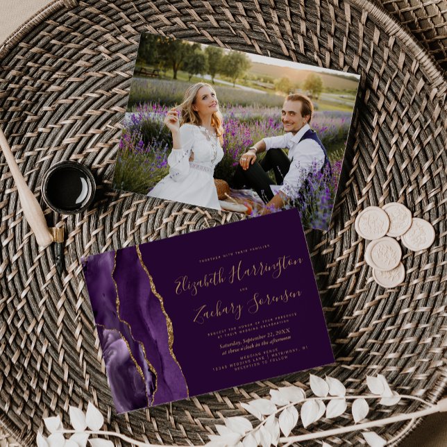 Modern Photo Purple Gold Agate Plum Wedding Invitation (Creator Uploaded)