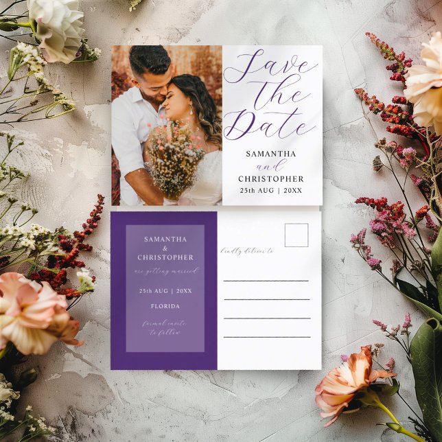 Modern Photo Purple Save the Date Wedding Announcement Postcard (Creator Uploaded)