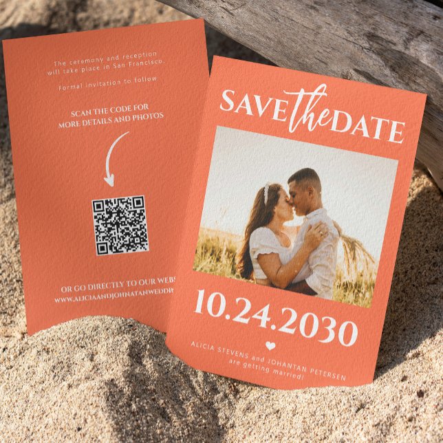 Modern photo QR code bright orange wedding Save The Date (Creator Uploaded)