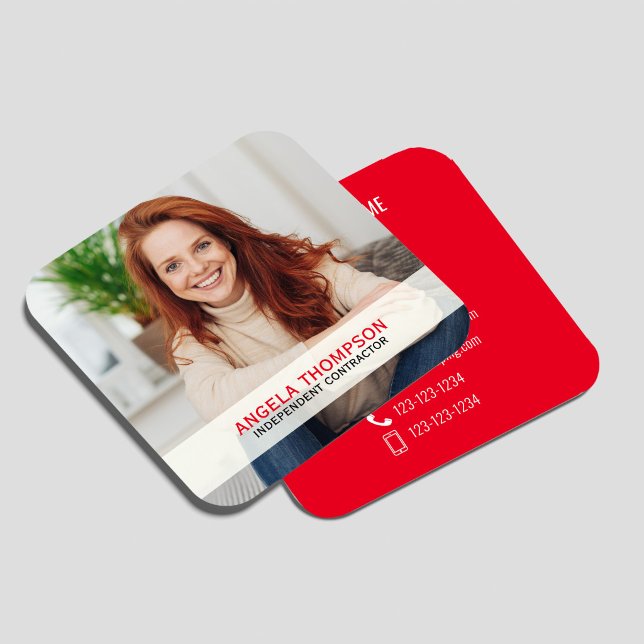 Modern Photo QR Code Connect With Me Red Square Business Card (Bold red photo QR code connect card featuring a customizable portrait on the front and a scannable Q)