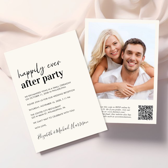 Modern Photo QR Code Cream Wedding Reception Invitation (From private vows to a grand happily ever after party - celebrate with family and friends)