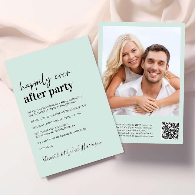 Modern Photo QR Code Mint Wedding Reception Invitation (An chic Happily Ever After Party all-in-one invitation for your wedding celebration)