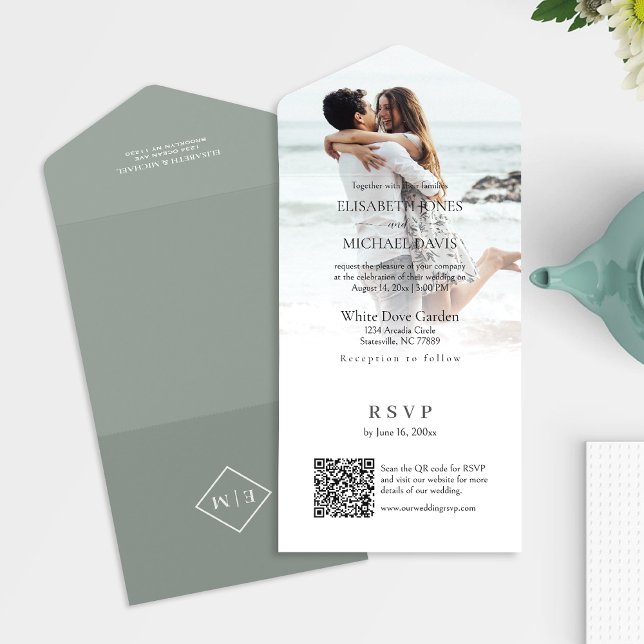 Modern Photo QR Code Sage Green Wedding All In One Invitation (All-in-one wedding invitation with QR code to RSVP - Simplify and save time for you and your guests.)