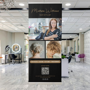 Modern Photo QR Hair Stylist Salon Black Gold Retractable Banner