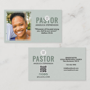 Modern Photo QR Logo Sage Green Church Pastor Business Card