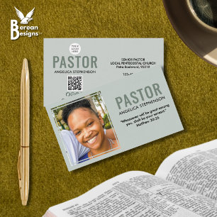 Modern Photo QR Logo Sage Green Church Pastor Business Card