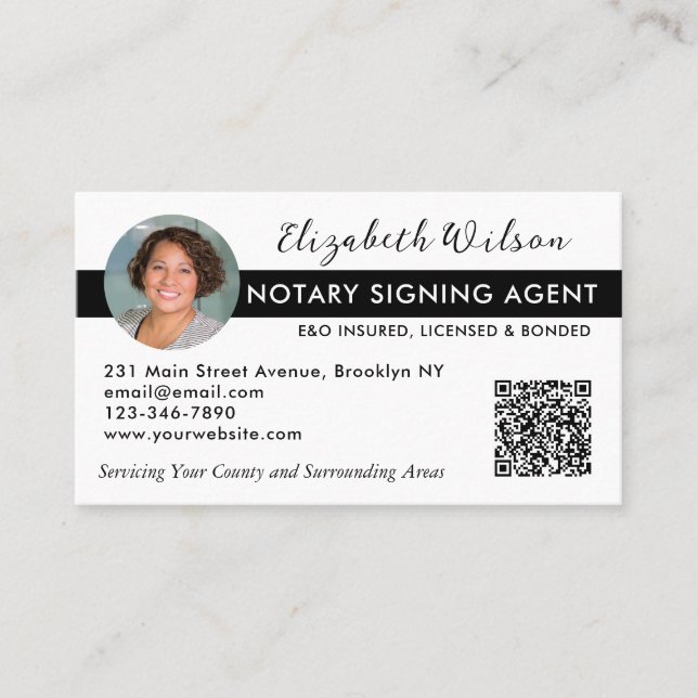 Modern Photo QR Notary Signing Loan Agent Black Business Card (Front)
