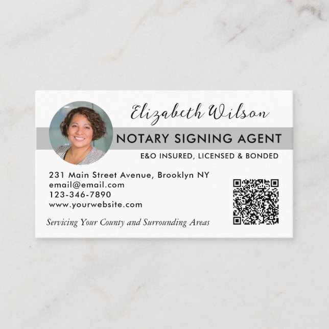 Modern Photo QR Notary Signing Loan Agent Grey Business Card (Front)