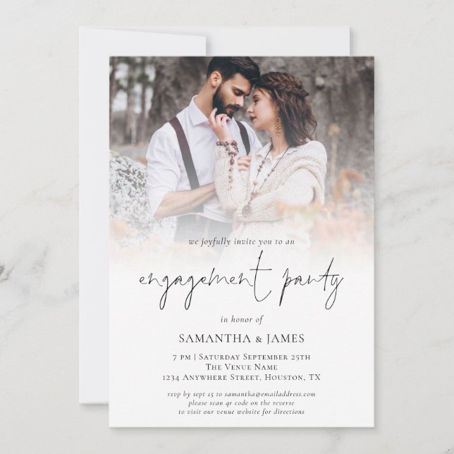 Modern Photo QR Script Engagement Party Invitation (Front)