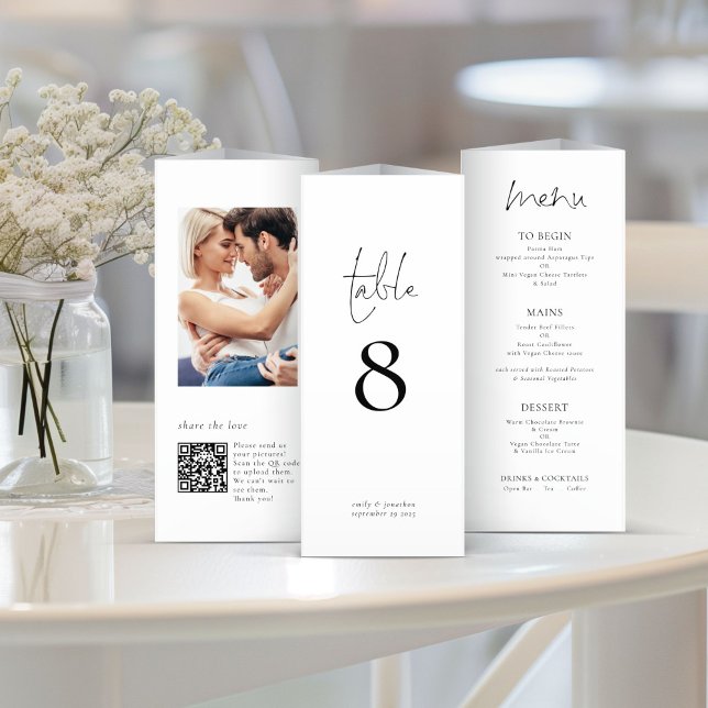 Modern Photo QR Trifold Wedding Menu Table Number  (View of each side when folded)