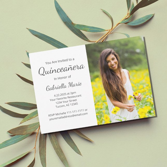 Modern Photo Quinceañera Elegant Grey Typography Invitation (Creator Uploaded)