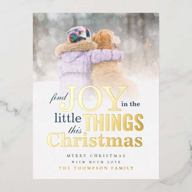 Modern Photo Quote Find Joy Christmas Real Foil Holiday Postcard (Front)