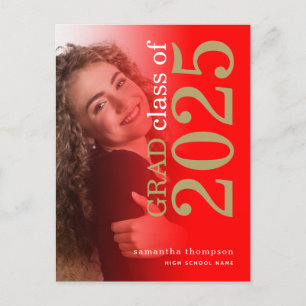 Modern Photo Red Gold 2023 Graduation Announcement Postcard