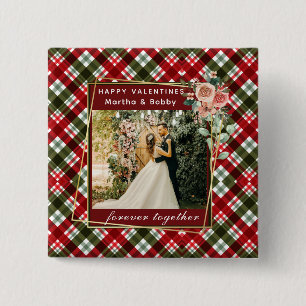 Modern Photo   Red & Green Plaid Happy Valentines  15 Cm Square Badge