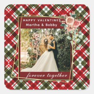 Modern Photo   Red & Green Plaid Happy Valentines  Square Sticker