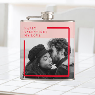 Modern Photo Red & Pink Happy Valentines Gift Hip Flask