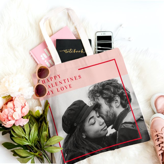 Modern Photo | Red & Pink Happy Valentines Gift Tote Bag (Creator Uploaded)