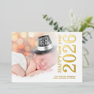 Modern Photo Rotated Text Happy New Year 2026 Foil Holiday Card
