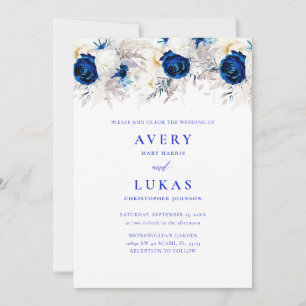 Modern Photo Royal Blue & White Floral Wedding Invitation