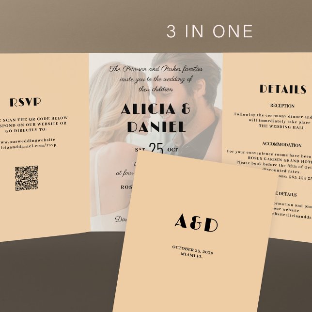 Modern photo rsvp details QR cream black wedding Tri-Fold Invitation (Creator Uploaded)
