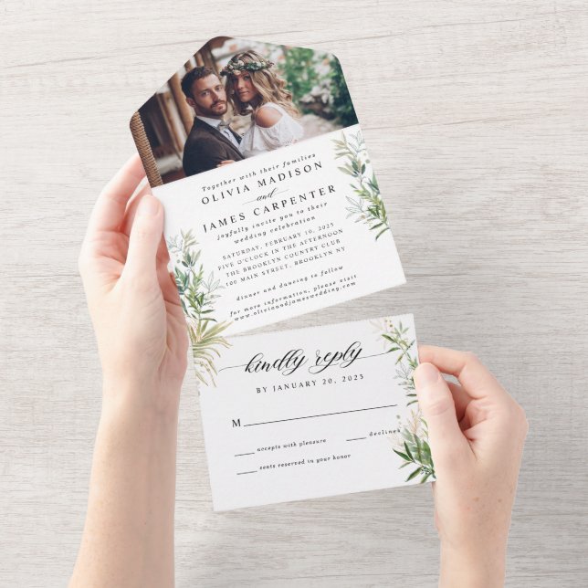 Modern Photo RSVP Greenery Botanical Wedding All In One Invitation (Tearaway)