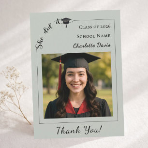 Modern photo sage green Graduation She did it Thank You Card