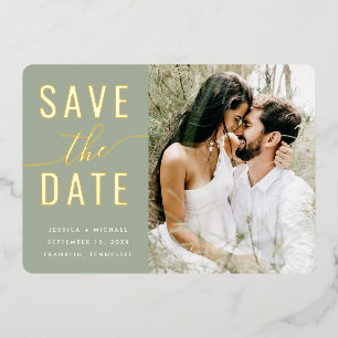 Modern Photo Sage Green Script Save The Date Gold