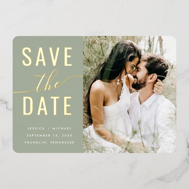Modern Photo Sage Green Script Save The Date Gold (Front)