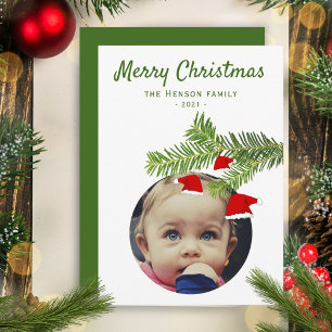 Modern Photo Santa Hat Pine Merry Christmas Holiday Card