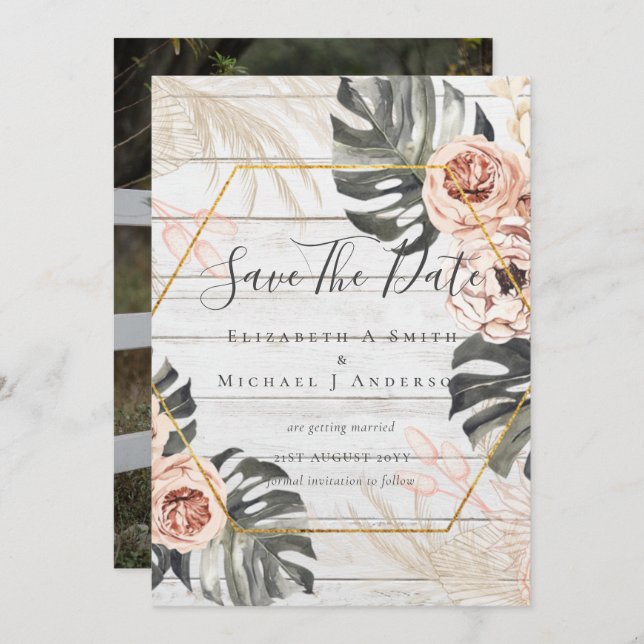 Modern Photo Save Dates PAMPAS Coral Tropical (Front/Back)