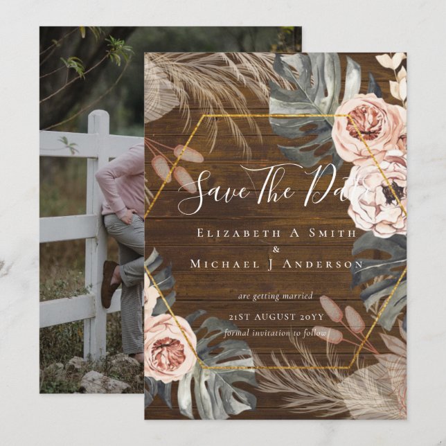 Modern Photo Save Dates PAMPAS Coral Tropical (Front/Back)