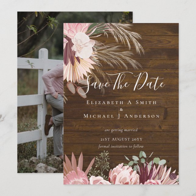 MODERN PHOTO SAVE DATES - Pampas Grass Burgundy (Front/Back)