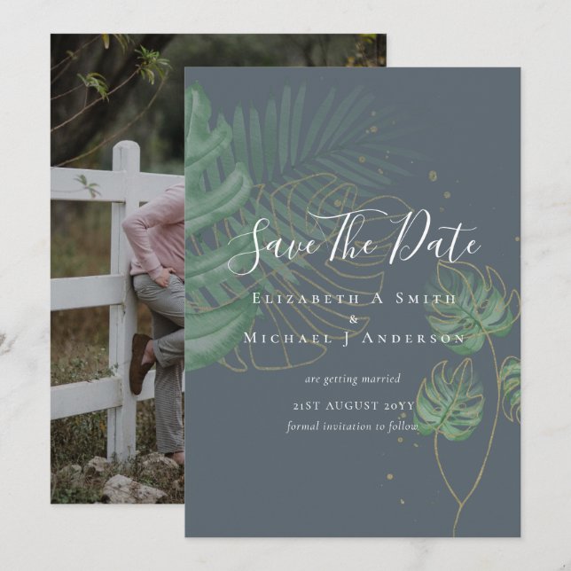 Modern Photo SAVE DATES Topical Leaves Gold (Front/Back)