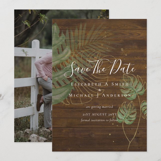 Modern Photo SAVE DATES Topical Leaves Gold (Front/Back)